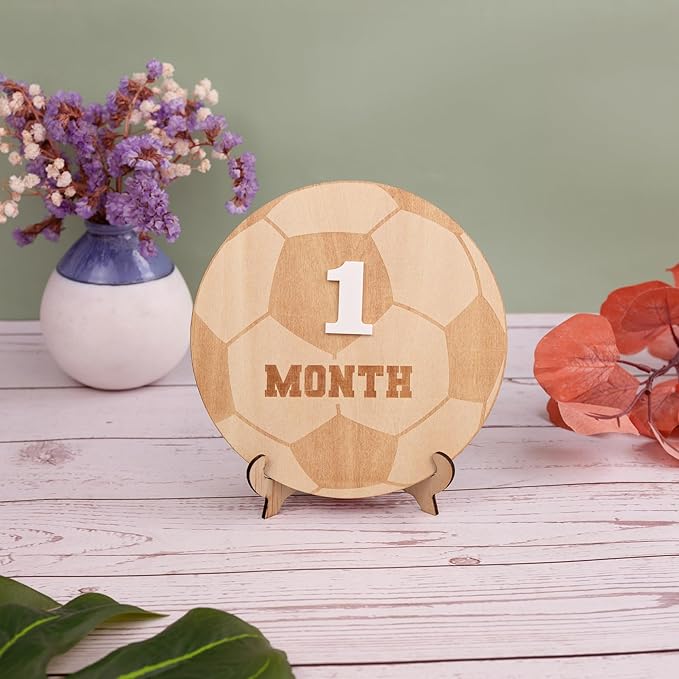 Wooden 3D Baby Monthly Milestone Cards Monthly Milestone Discs Newborn Photography Props Baby Announcement Sign Baby (Soccer)