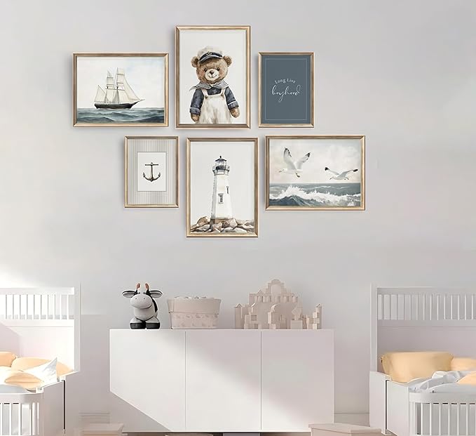 BMFLFWXE Vintage Nautical Nursery Wall Art Boy Coastal Canvas Posters Teddy Bear Sailor Pictures Navy Blue Ocean Sailboat and Lighthouse Painting Print Artwork for Kids Boy Room Playroom, Unframed