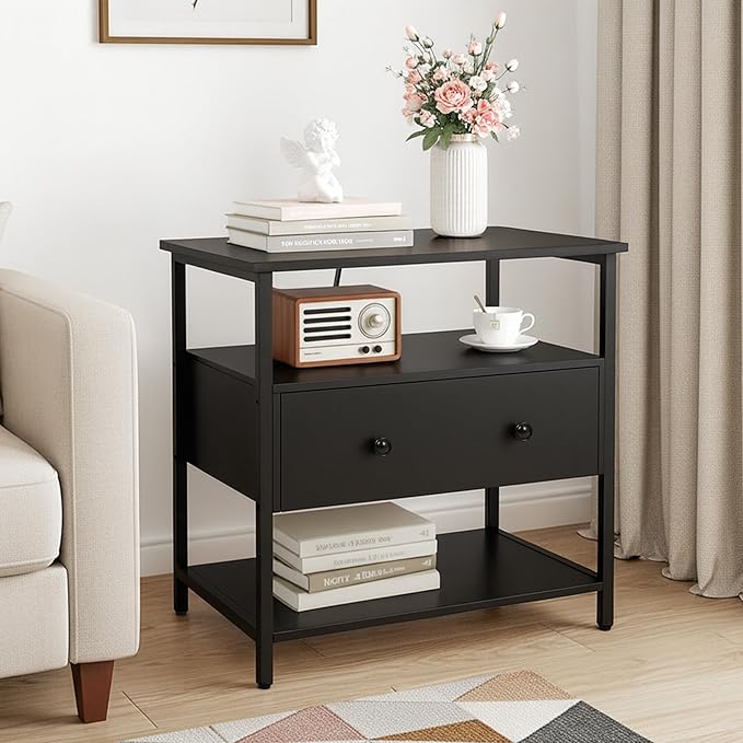 27 Inch Wide Night Stand with Charging Station, Wood Nightstand with Open Shelf, Large Drawer Bedside Table for Living Room/Bedroom/Office (Black)