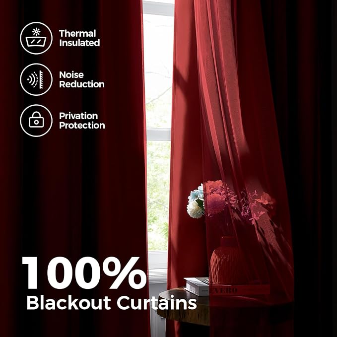 100% Blackout Curtains for Bedroom, Double Layer Red Curtains, Black Out Curtain 63 inch Long with Sheer Overlay for Living Room, Room Darkening Window Drapes with Grommet, 52" W x 63" L