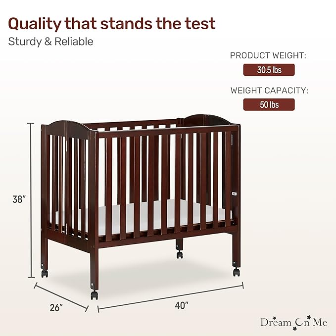 Dream On Me 2-in-1 Folding Portable Compact Mini Baby Crib in Espresso, GreenGuard Gold & JPMA, US Patented Flat Folding System, Locking Wheels,1″ Mattress Pad, Space-Saving Quck Fold Easy Storage