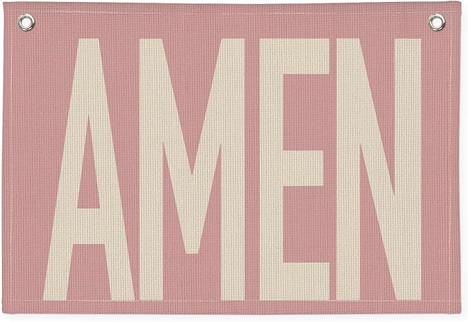Pink "AMEN" Wall Art 20x30 Inch - Coquette Christian Decor, Girls Bedroom Hanging, Linen Prayer Banner, Nursery Faith Sign, Blush Religious Gift, Church Baptism Decor