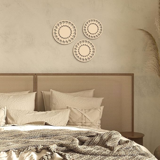 3Pcs Boho Wall Decor, Wooden Modern Circle Wall Art, Neuyral Minimalist Aesthetic Wood Decoration for Nursery Kids Room Living Room Kitchen Bedroom Office (Burlywood)