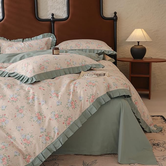 Pink Blue Flower Duvet Cover Set King 100% Cotton Romantic Floral Bedding Set with Green Ruffles Girls Botanical Floral Comforter Cover Princess Bedding Lace Duvet Cover King with Zipper Closure