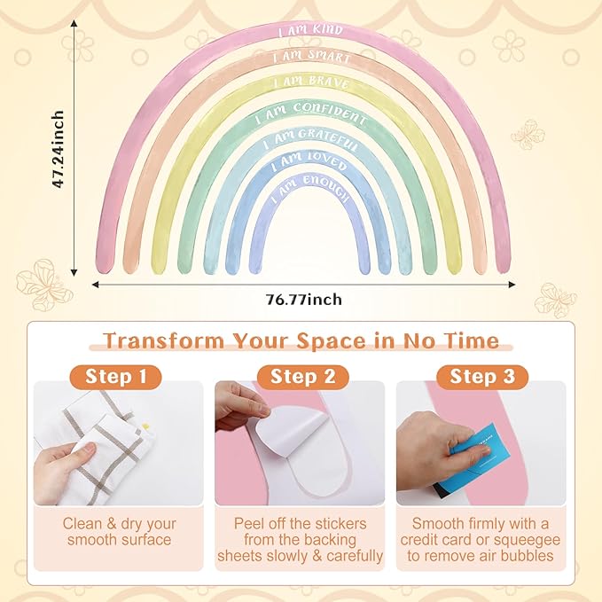 Tinideya 76.77x47.24'' Watercolor Large Rainbow Wall Decal Classroom Wall Decor with Inspirational Quote Peel and Stick Stickers Waterproof Wallpaper for Girls Kids Bedroom Nursery Playroom(Pastel)