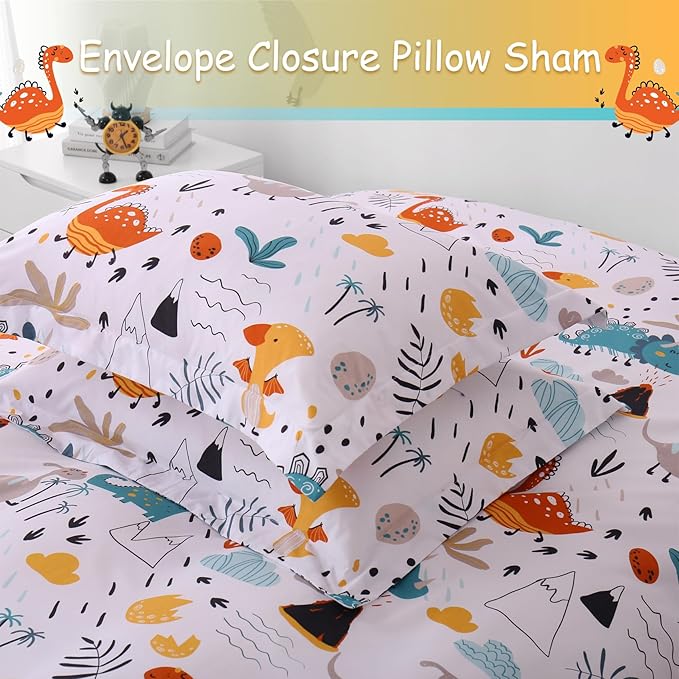 JSD Dinosaur Kids Duvet Cover Set Full Size, 3 Piece Soft Printed Microfiber Bedding Comforter Cover with Pillow Shams Zipper Closure, Comforter Not Included