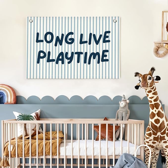 Lacama Playroom Decor, Play Room Wall Decor, Blue Long Live Playtime Linen Banner Wall Hanging, Boho Cute Banner Flag Decor for Nursery Boys Room 30x20 Inch