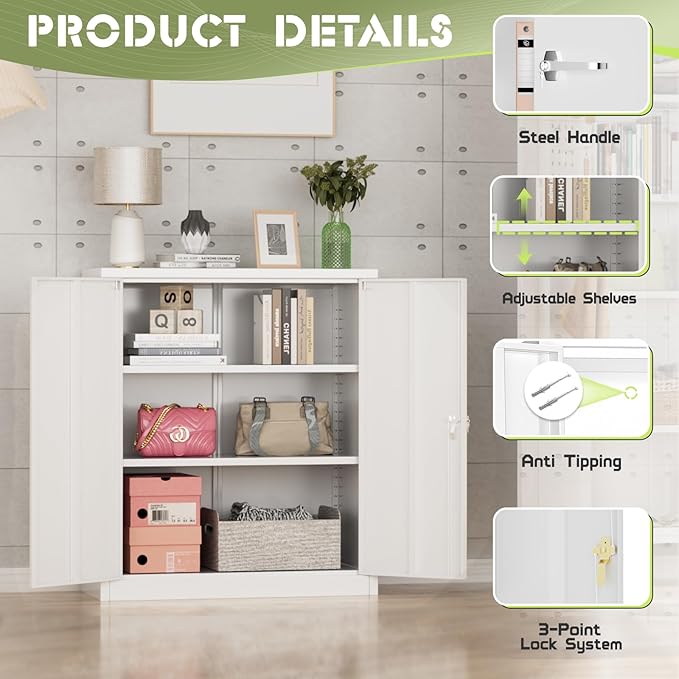 Crownland 36" Metal Storage Cabinet, Lockable Garage Storage Cabinets, Office File Cabinet with Adjustable Shelves for Garage, Home Office, Classroom, Pantry, File(White-Narrow Size)