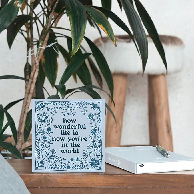 How Wonderful Life Is Now You're in the World Wood Box Sign 5×5 Inches, Boho Floral Wood Sign for Nursery Kids Boy Girl Newborn Teen Bedroom Home Desk Tabletop Shelf Decor