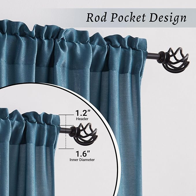 Melodieux Dark Blue Velvety Semi Sheer Curtains 96 Inch Length for Bedroom, Living Room Natural Cotton Texture Rod Pocket Window Sheer Drapes, 52 by 96 Inch (2 Panels)