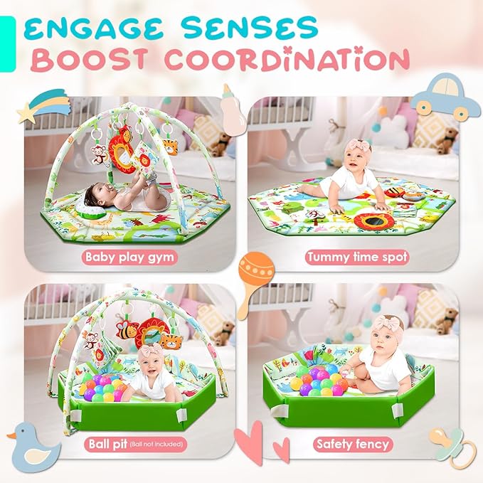 Baby Play Mat,Tummy Time Mat with 6 Detachable Toys-Activity Gym for Visual, Auditory & Motor Development-Washable Baby Activity Mat for 0-12 Month Infants(Animal Theme)