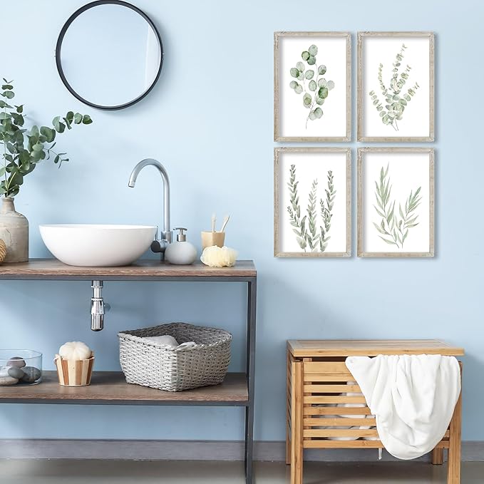 LuZhiQiang Botanical Wall Decor Sign 16x11 Inch Sage Green Plants Prints Set of 4 Modren Minimalist For Bathroom Bedroom Laundry Room Aesthetic Watercolor Small Wood Framed Wall Hanging Art (White)