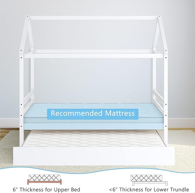 KOMFOTT Twin House Bed with Trundle, Solid Wood Playhouse Platform Bed Frame, Kids Daybed with Roof for Girls & Boys, No Box Spring Needed, Noise-Free Design, Easy Assembly, White