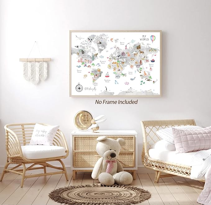 Grey Kids World Map Wall Art Animal Canvas Wall Art Nursery Wall Decor World Map Poster Playroom Prints Educational Artwork16x24 Inch Unframed