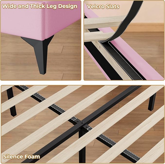 ADORNEVE Queen Size Upholstered LED Bed Frame, Girls Bed with Adjustable Crystal Button Headboard, Velvet Princess Platform Bed for Girls, Solid Wooden Slats, Easy Assembly, Pink