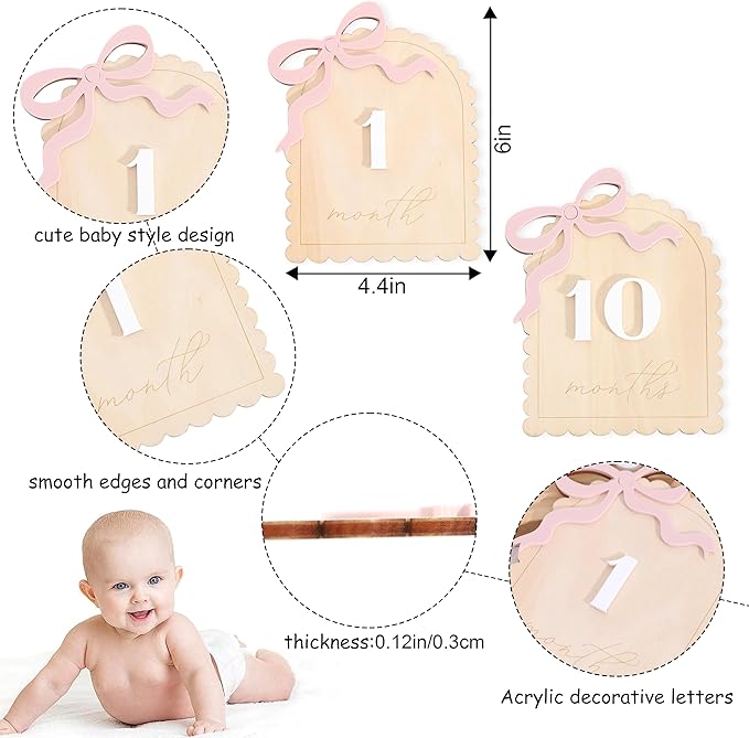 2 Pcs Baby Monthly Milestone Cards - Wooden Photo Props for Newborn, First Year Keepsake (0-12 Months) - New Mom Present, Boy Girl Announcement Sign (Pink Bow)