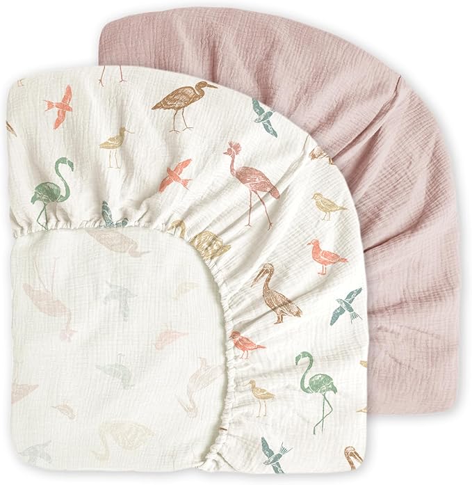 Little Grape Land Muslin Crib Sheets Fitted for Boys and Girls 2 Pack, 100% Cotton Baby Bed Sheets Soft Breathable, Neutral Fitted Baby Mattress Sheets for Standard Crib 52x28 inches, Wetland Bird