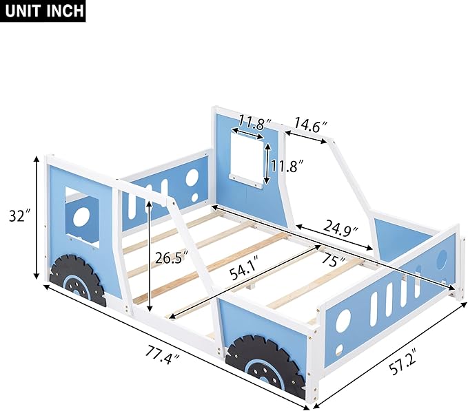 Merax Full Size Classic Car-Shaped Platform Bed with Wheels, Wood Car Bed Frame for Boys, Blue