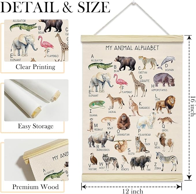 TRKAE Animal Alphabet Canvas Poster Hanger Frame, Classroom ABC Wall Art, Toddler Educational Wall Decor for Nursery Preschool Kids Room -029