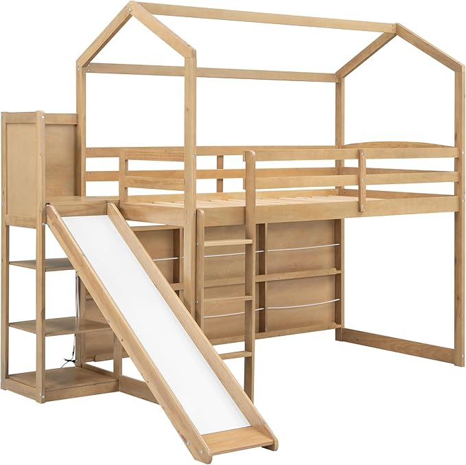 Flieks Twin Size Wood House Loft Bed Frame for Boys Girls Kids Adults Toddler with Slide, Storage Shelves and Light, Climbing Ramp, Wood Color