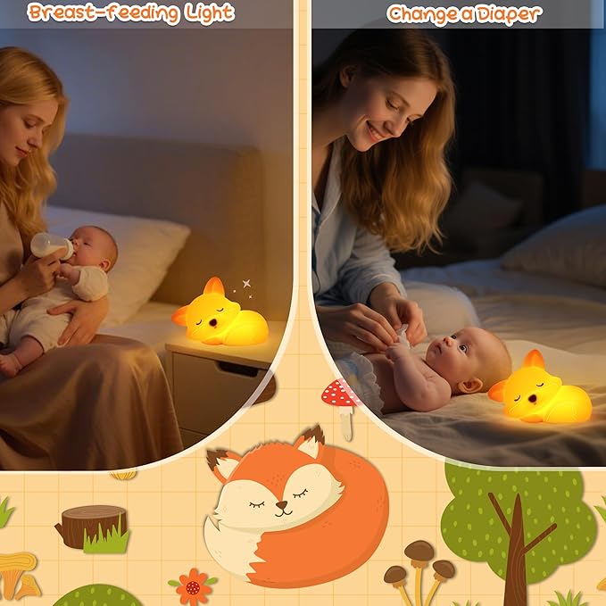 Fox Night Light, Cute Silicone Lamp with Dimmable 20 Mins Timer, Squishy Animal Nightlight Kids Bedside Decoration Light, Christmas White Elephant Gifts Idea for Baby Girl Boy Friend