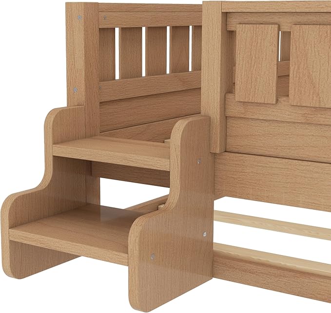 Bellemave Twin Size Kids Bed with high Rails and with Built-in Bookshelf and Trundle for Kids, Girls, Boys, Wood Montessori Bed Without Door, Natural