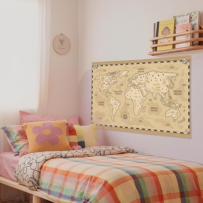 Wheatwin World Map Wall Art Banner for Kids 20x30, Vintage World Maps for Wall, World Map Cute Animal Educational Tapestry Wall Hanging Canvas Wall Decor Banner Flag Decor for Kids Room Playroom Classroom