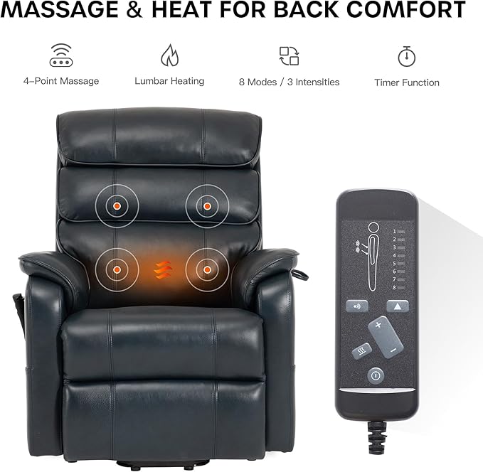DYNOX 350 LBS Power Lift Recliner Chair for Elderly, Medium Size Dual Motor Lay Flat Infinite Positions Recliner with Heat & Massage (9188, Genuine Leather, Dark Blue)