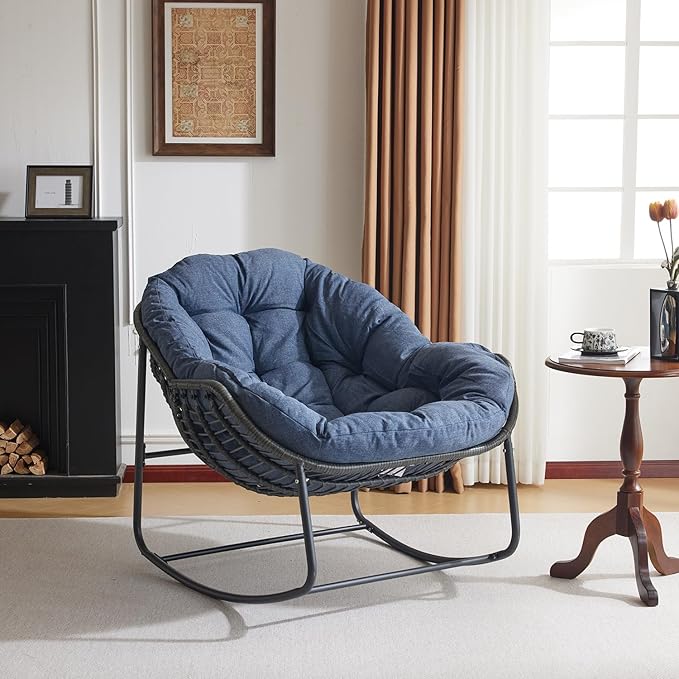 Oversized Outdoor Papasan Rocking Chair with Soft Cushion, Comfy Patio Egg Chair, Wicker Lounge Rocker for Balcony/Porch/Garden, Reinforced All Weather Rattan Frame, 330 lbs Support, Navy Blue
