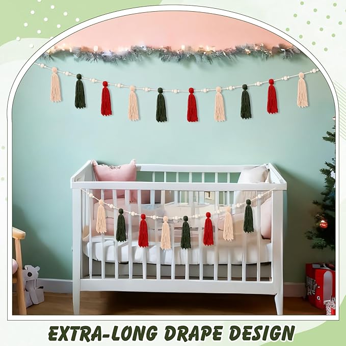 2 Pcs Tassel Garland with Wood Beads, Handmade Cotton Yarn Wall Hanging Banner Boho Tassel Wall Hanging Party Decor for Nursery, Birthday Baby Shower Home Classroom Decoration(Red Green)