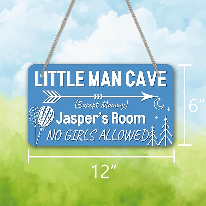 Little Man Cave Personalized Baby Boy Room Decor Custom Name Boys Kids Bedroom Door Sign Toddler Baby Nursery Wood Art Wall Plaque 12x6