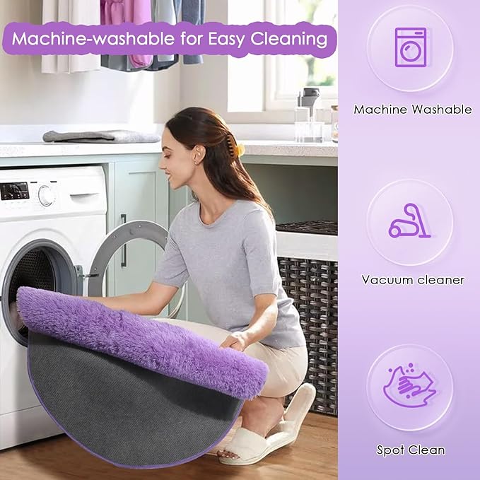 Amdrebio Purple Round Rugs 5Ft for Girls Bedroom Decor Aesthetic, Fluffy Fuzzy Circle Area Rug for Kids Playroom, Cute Furry Shaggy Circular Princess Carpet for Living Room, Baby Nursery, Preppy Dorm