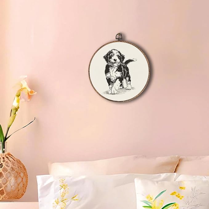 Vintage Bernedoodle Round Wall Art Framed, Retro Weiner Dog Round Wall Decor, Bernedoodle Weiner Dog Gifts Hanging Canvas Print Wall Sculpture for Bedroom Living Room Decor, 10x10 Inch