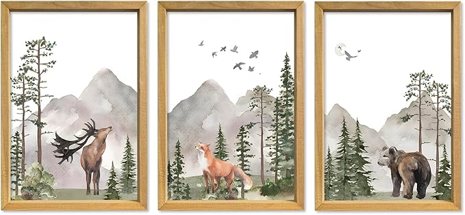 YWJKWLGS Wild Woodland Animals Nursery Wall Art Decor 11"×16" Set of 3 Jungle Theme Safari Forest Deer Bear Fox Posters Wood Framed Sign for Children's Boys Girls Room Watercolor Prints Hanging (Wood)