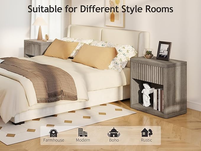 Night Stand Set of 2, Fluted Nightstand with Drawers, Wood Bedside Table with Storage, Bed Side Table Modern Nightstands Wide Night Stands, Sofa End Tables Side Tables for Bedroom Living Room