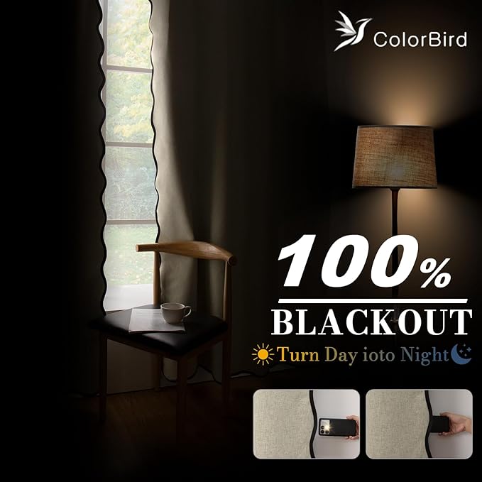 ColorBird Linen Blackout Curtains 84 Inches Long Scalloped Neutral 100% Black Out Winter Thermal Insulated Curtains & Drapes for Living Room Bedroom Dining Room Nursery Window Treatment