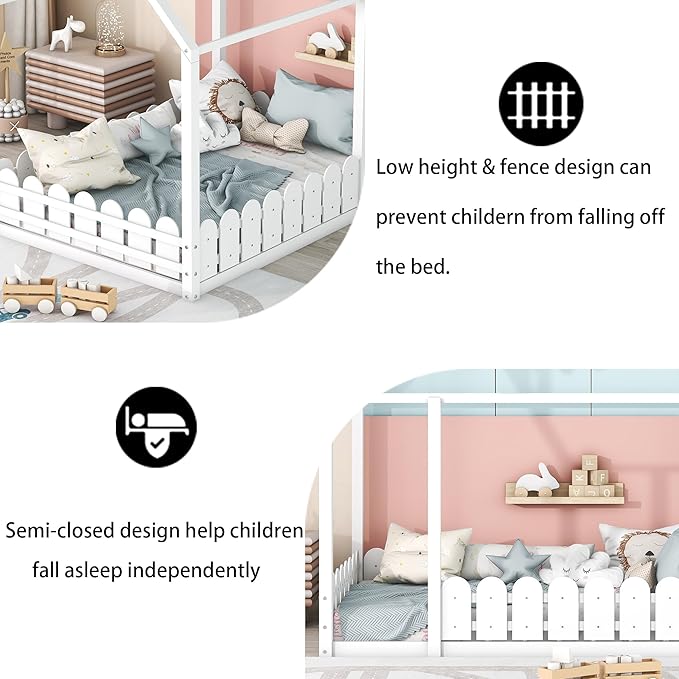 Bellemave Full Size Kids Floor Bed Frame with Fences, Wooden Full House Bed with Roof Can be Decorated for Kids Girls Boys (White)