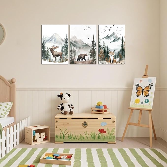 SANGGUOBIN Woodland Animal Wall Art Set of 3 Deer Bear Fox Watercolor Prints Wildlife Forest Canvas Vintage Natural Adventure Landscape Poster for Nursery Bedroom Decor(Green-1,12x16inchx3)