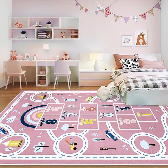 Hopscotch Kids Rug Carpet 7x10Ft Pink Car Road Play Mat for Girls Boys Classroom Bedroom Playroom Living Room, Educational & Learning, Large, Washable Children Preschool Rug, 6.6x9.8Ft