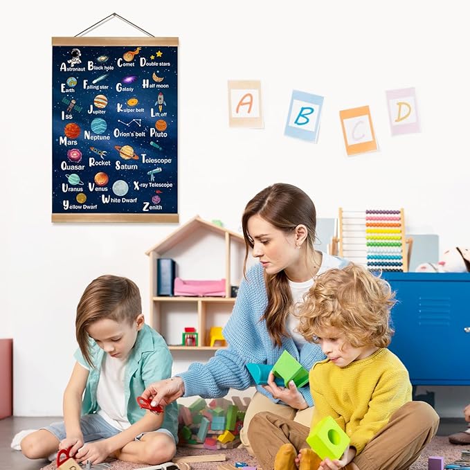 ZTGDA Space Alphabet Poster Set of 1, Children's Room Wall Art, Cosmic ABC Banner Poster, Letter Banner Wall Hanging Decor for Toddler Room Playroom Nursery Wall Classroom Decor 12x16inch (Space ABC)