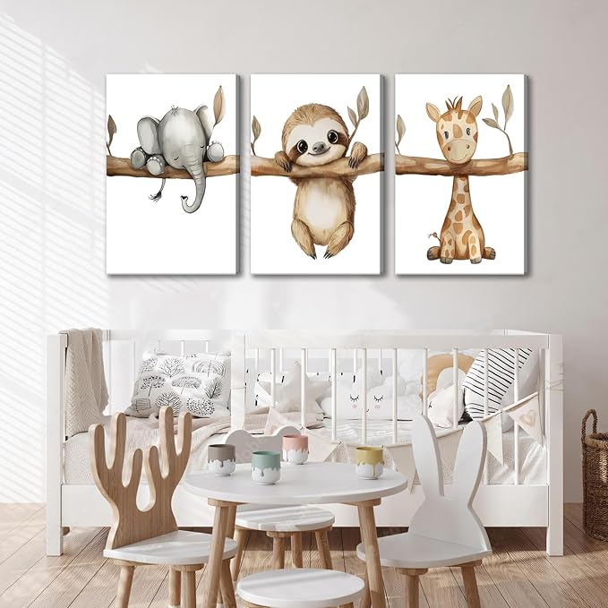 3Pcs Nursery Animal Canvas Wall Art Safari Nursery Poster Prints Jungle Kids Painting Cute Animal Elephant Sloth Giraffe Artwork Picture Wall Decor for Boys Room Girls Room 16x24in Framed