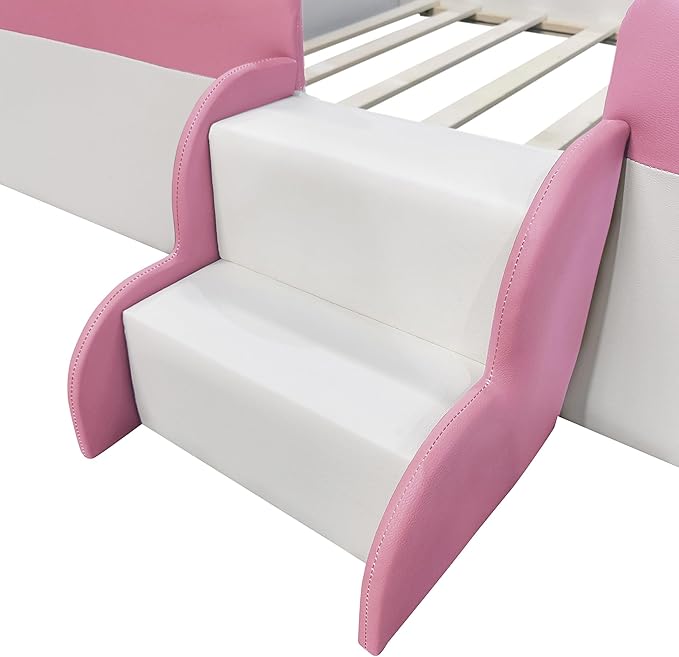 Full Size Upholstered Daybed Frame with Fence and Stairs, Montessori Kids Floor Bed with Sturdy Slat Support for Kids Boys Girls