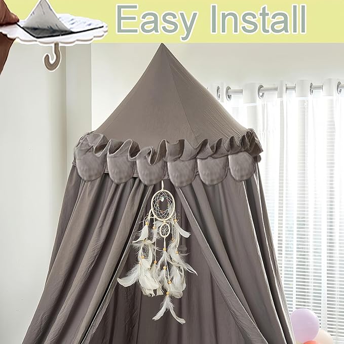 Princess Bed Canopy for Girls, Extra Large Hanging Canopy for Bed, Dreamy Play Tent for Girls Room Bedroom Decoration, Breathable Canopy Bed Curtain for Children Reading Nook - Ruffle Gray