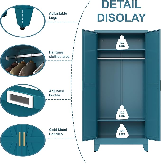 Metal armoire Wardrobe Closet with Hanging Rod,71'' Metal Wardrobe Cabinet with 2 Doors and 2 Adjustable Shelves, Bedroom armoires,Laundry Room cabinets,armario de ropa Closet