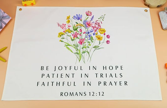 Christian Bible Verse Scripture Rectangular Banner Flag Sign Wall Art Gift for Kids Boys Girls-Nursery Baby Room Bedroom Reading Room Wall Decor-Baby Shower Baptism Christmas Gift-Be Joyful in Hope