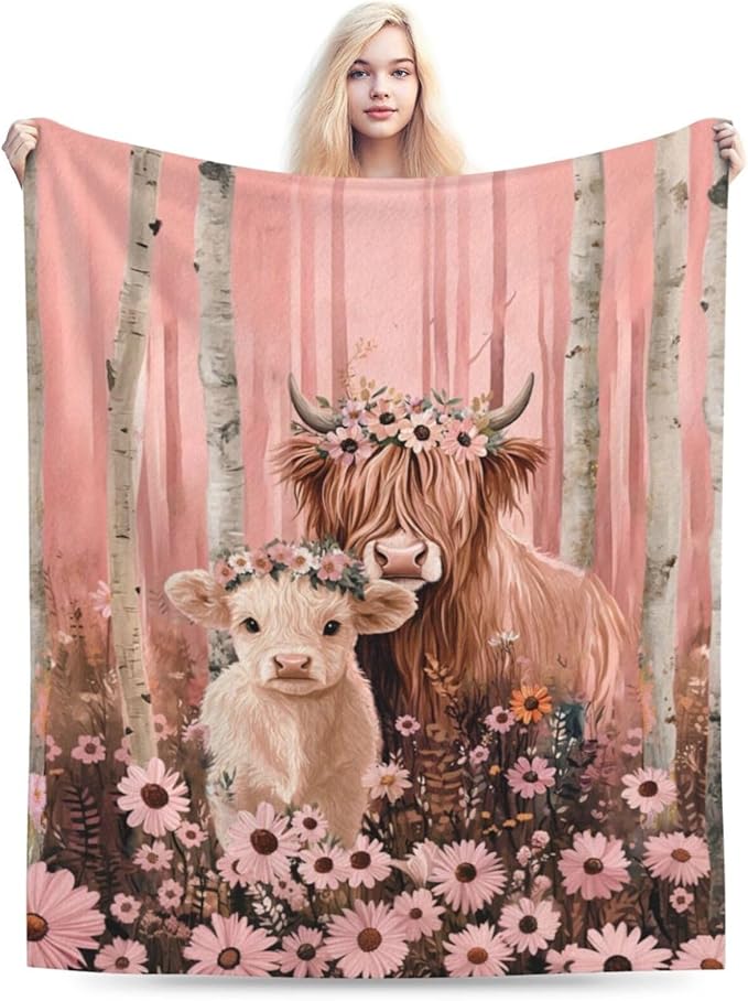Highland Cow Blanket Pink Forest Cattle Daisy Decor Throw Blanket Super Soft Flannel Lightweight Fluffy Plush Fuzzy Fleece Blanket Gifts for Girl Woman Boys Kids Adults Man for Bed Sofa 60"X80"