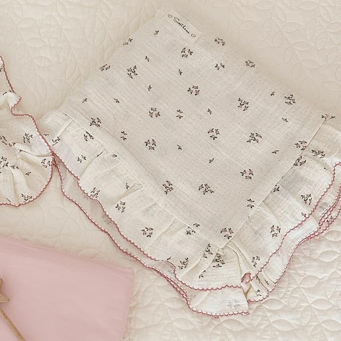 AOJIM Crib Bedding Muslin Duvet Cover with Small Pink Floral, Pure Cotton Toddler Comforter Cover, 1 47X59'' Quilt Cover 2-layer Gauze, Ruffled Design Quilt Cover for Kids, No Comforter or Pillowcases