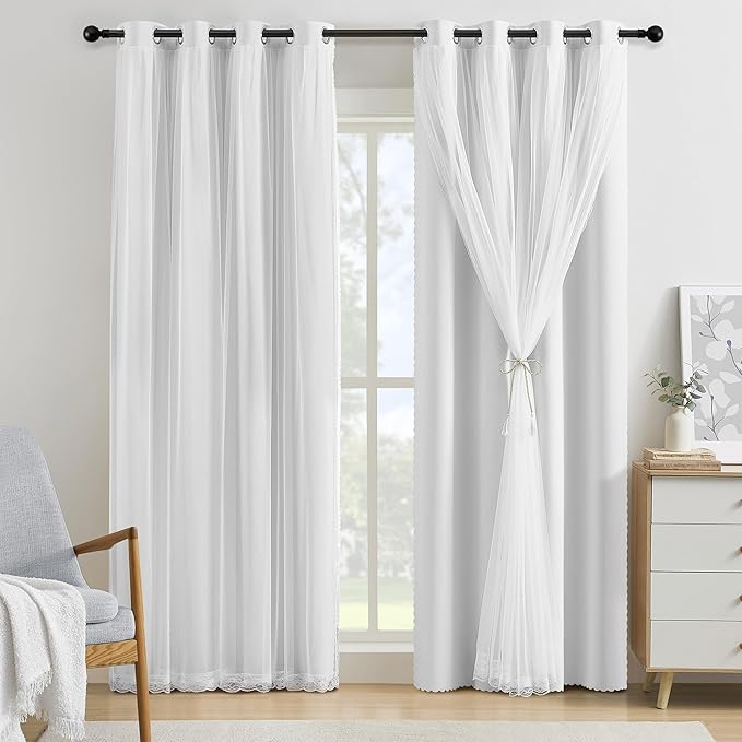 XiDi White Full Blackout Curtains 96 Inches Long Mix and Match Double Layer Curtains with Sheer Overlay Thermal Insulated Window Treatment for Living Room White Drapes with Tiebacks Grommet 34W x 96L