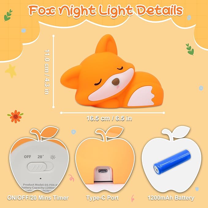 Fox Night Light, Cute Silicone Lamp with Dimmable 20 Mins Timer, Squishy Animal Nightlight Kids Bedside Decoration Light, Christmas White Elephant Gifts Idea for Baby Girl Boy Friend