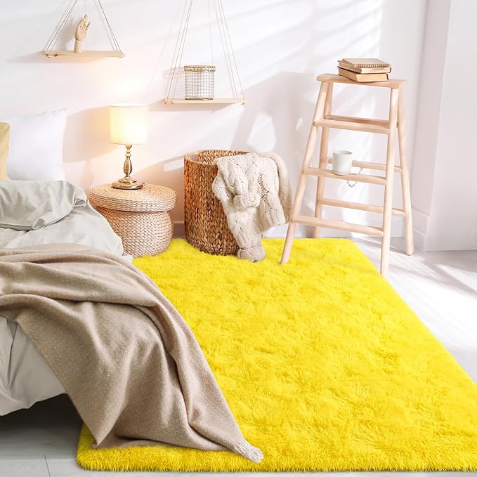 BENRON Fluffy Rugs for Living Room 5x8 Yellow, Washable Large Area Rugs for Bedroom Dining Table Office Kids Nursery Room, Washable Indoor Floor Carpets